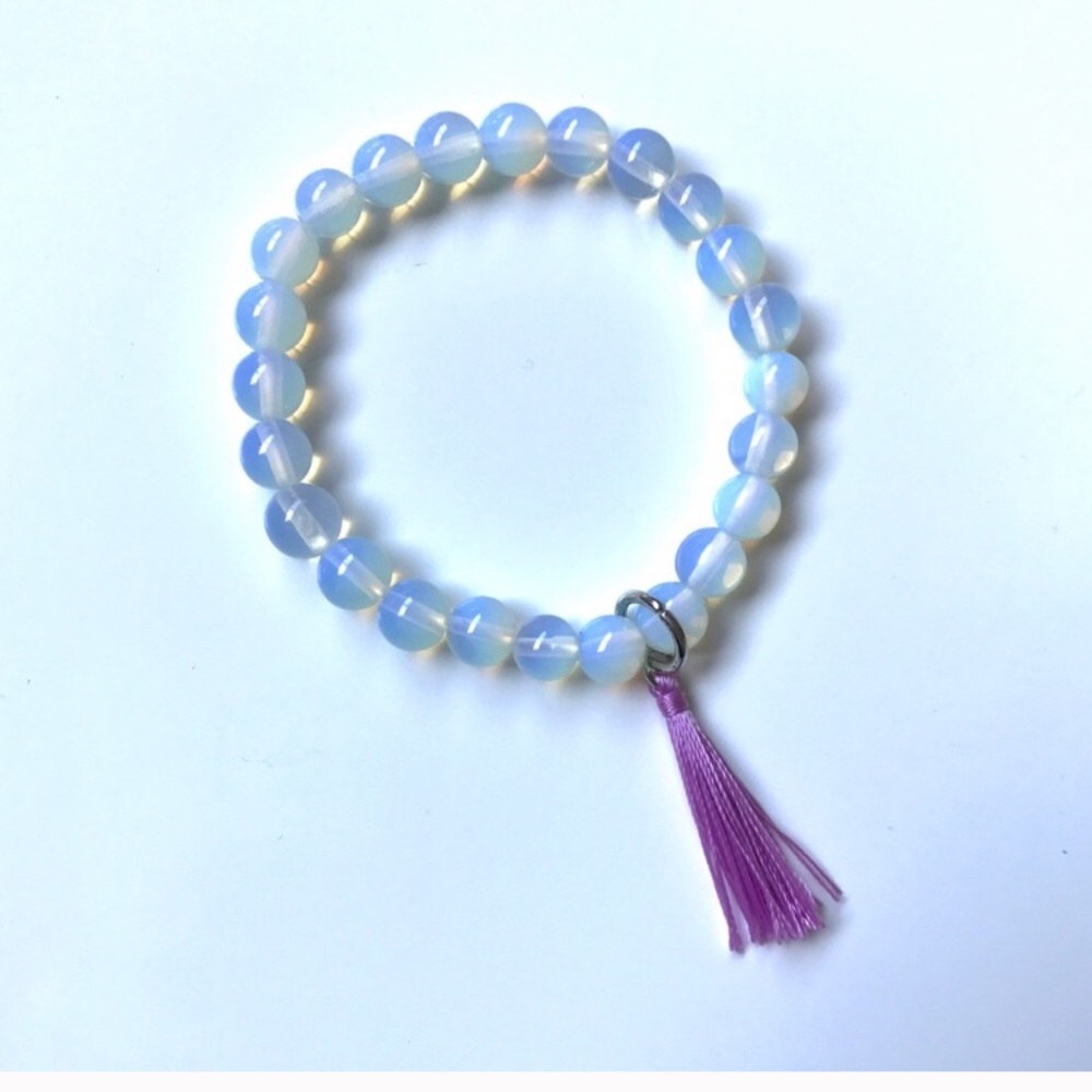 Glowing Opalite Stone Mala Bead Bracelet w/ Tassel